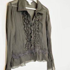 ALLISON TAYLOR - STUNNING Sheer Blouse RUFFLES LACE Button-down Sz M - BLACK